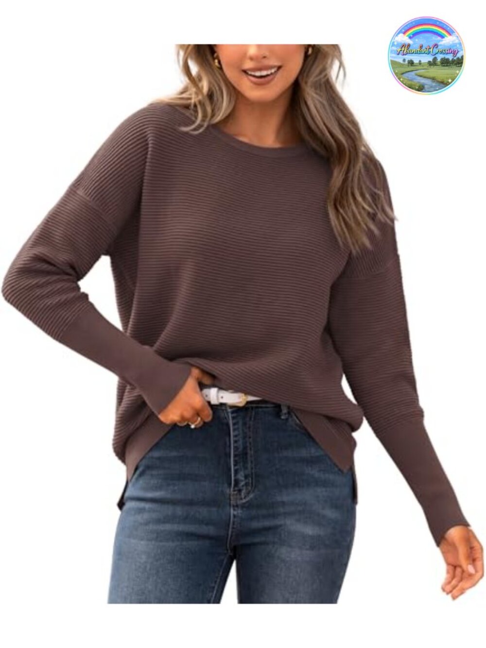 Women's Ribbed Knit Long Sleeve Crew Neck Loose Fit Sweater Pullover